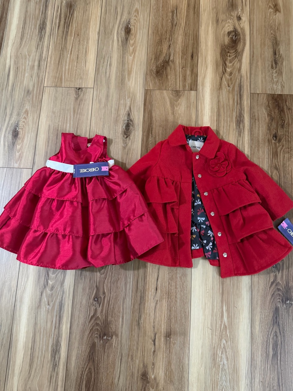 NWT Cherokee Red Tiered Satin Dress 9M  White Floral Waistband and coat 12M